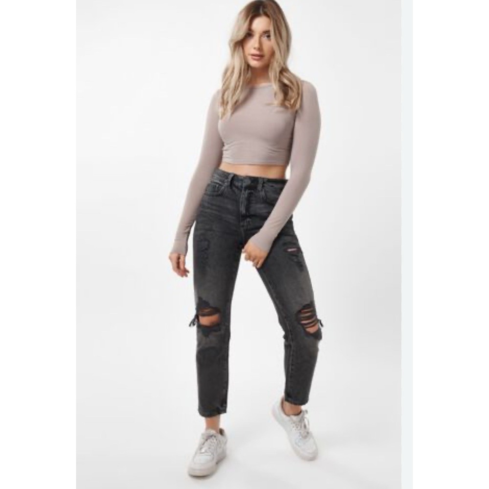 Garage Denim Mom Jeans Women Jrs Sz 3 Black High Rise Waist Raw Hem Destroyed 26